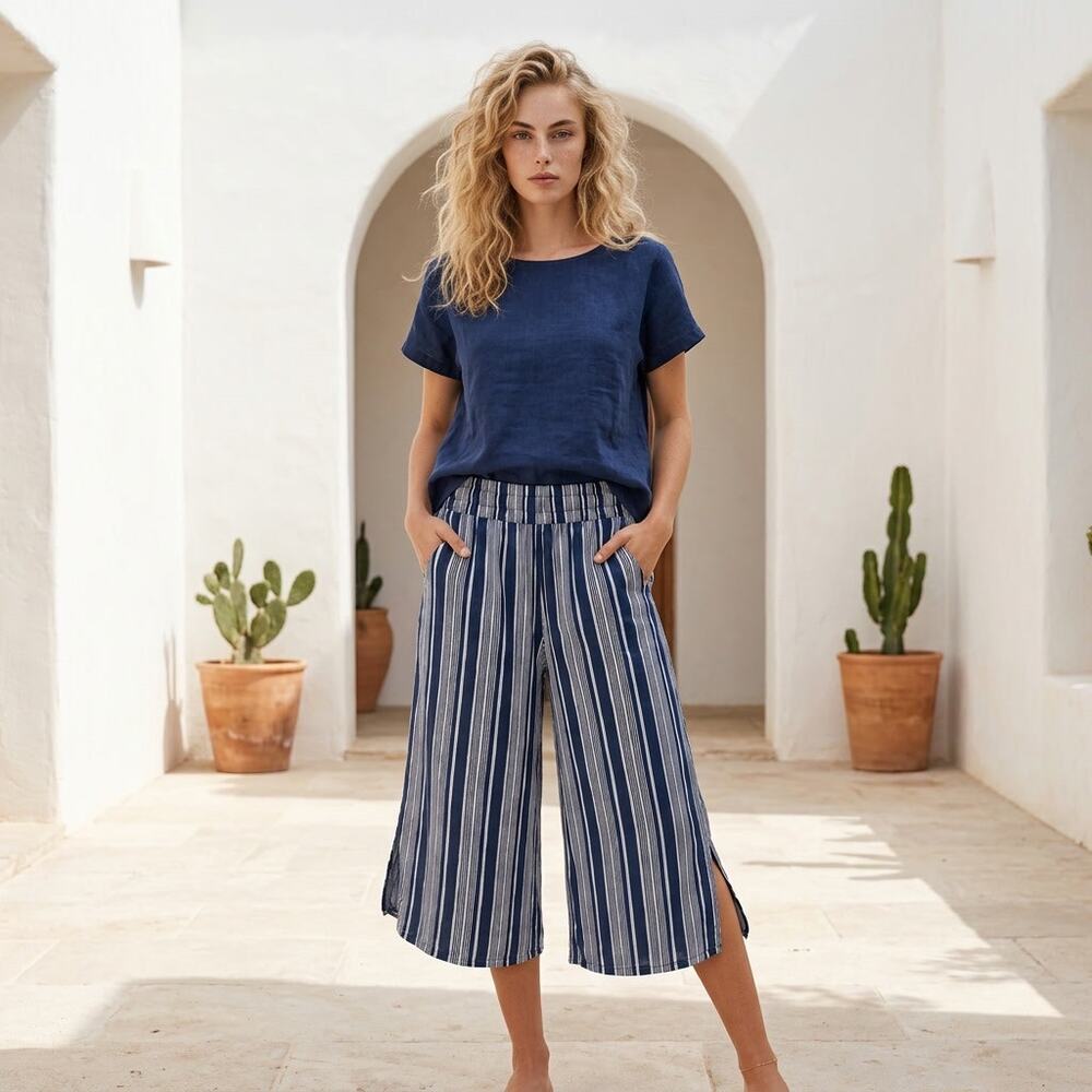 Appraisal Blue White Striped Lyocell Wide Leg Crop Pants With Side Slits Size M